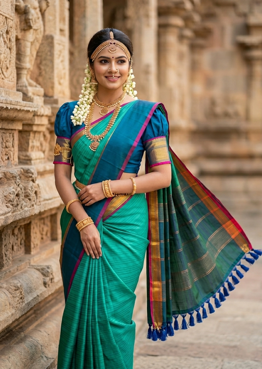 Southloom Pure Handloom Bridal Kanchipuram Silk Saree with Korvai Work (Green & Blue)