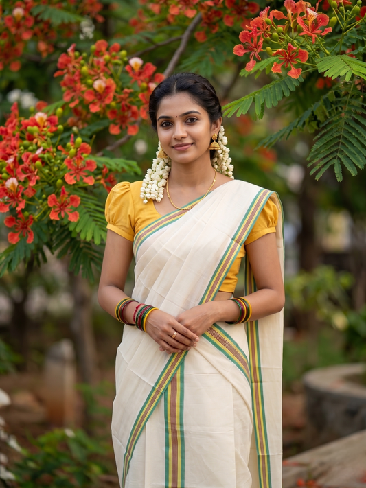 Southloom Kerala Mulloth Cotton Single Mundum Neriyathum with Green and Yellow Border