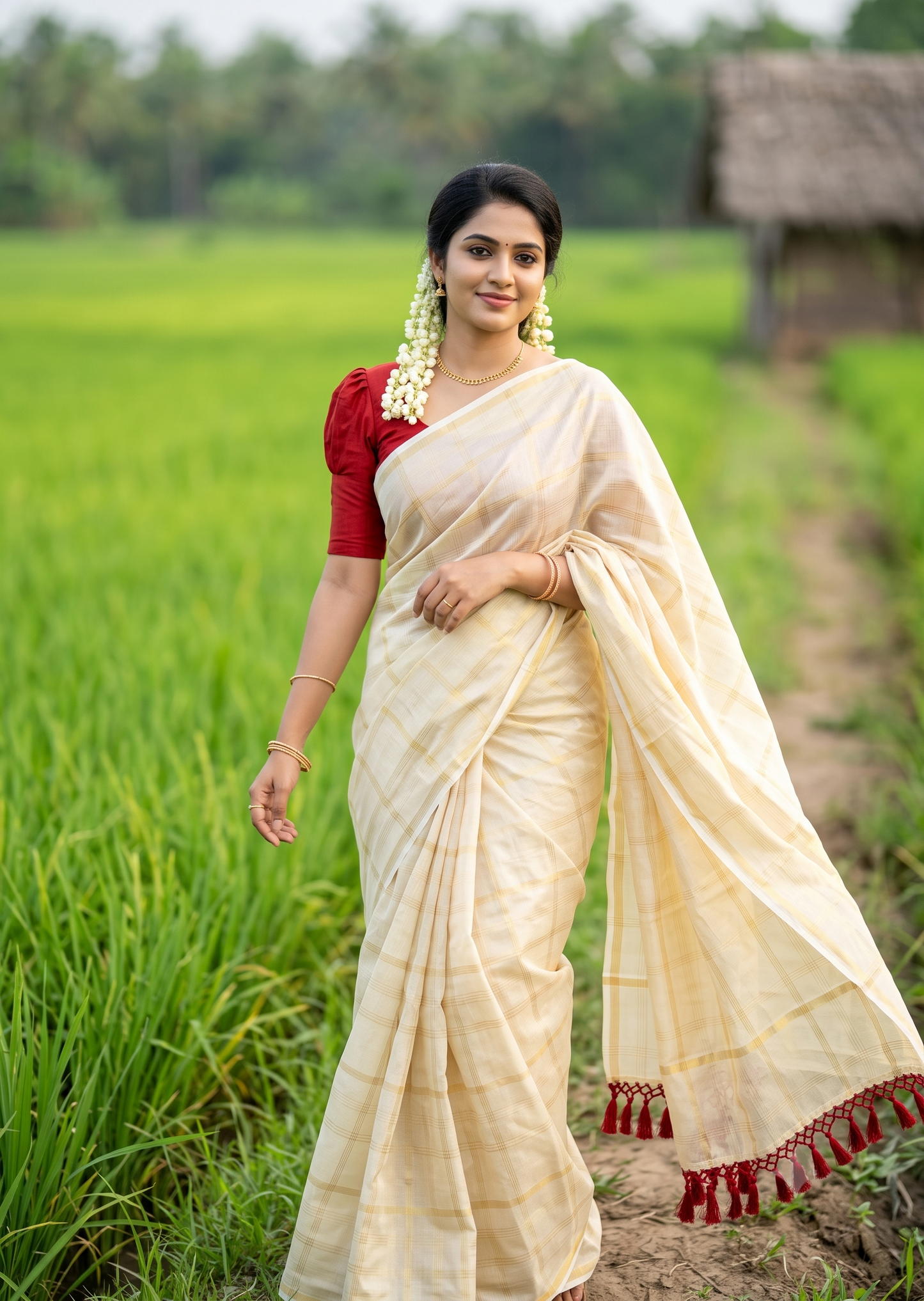 Southloom Kerala Tissue Kasavu Saree with Golden Stripes on Body with Red Tassels SL514
