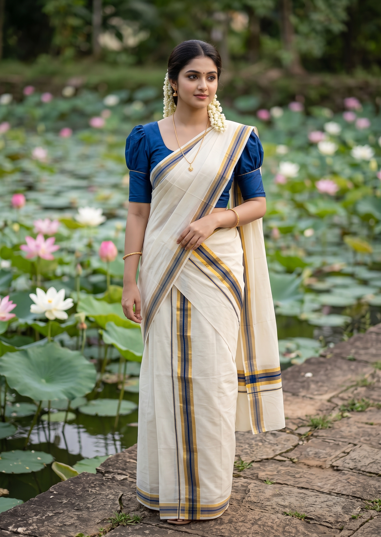 Southloom Pure Cotton Kerala Single Set Mundu (Mundum Neriyathum) with Blue and Kasavu Border 2.80 Mtr SLKK