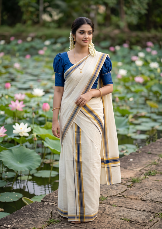 Southloom Pure Cotton Kerala Single Set Mundu (Mundum Neriyathum) with Blue and Kasavu Border 2.80 Mtr SLKK