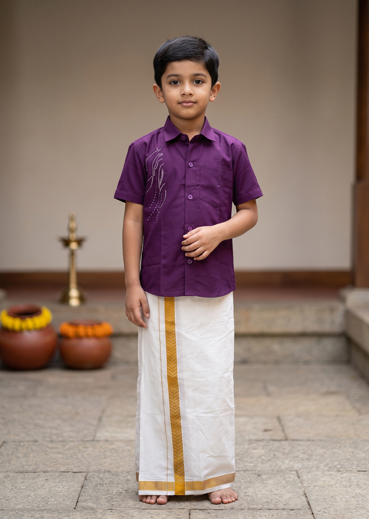 Southloom Cotton Stone Work Kids's Combo (Shirt + Velcro Mundu) SLKCOMBO