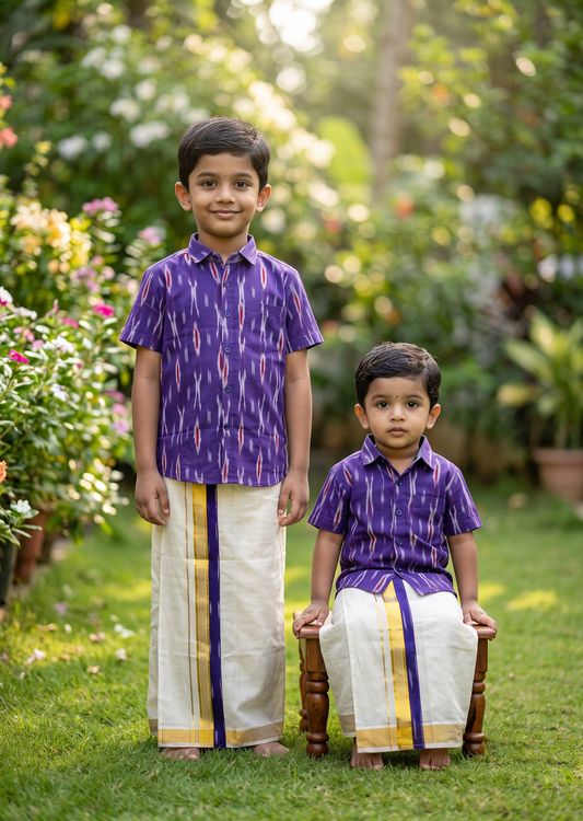 Southloom Tissue Ikat Printed Kids's Combo (Shirt + Velcro Mundu) SLKCOMBO SL602