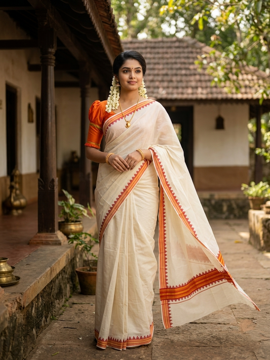 Southloom Cotton Kerala Kasavu Saree with Temple Design Border in Orange