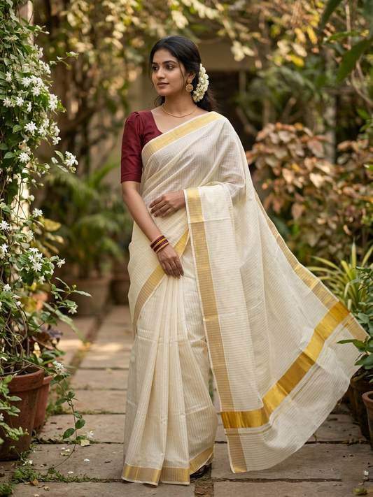 Southloom Kerala Pure Cotton Kasavu Saree With Kasavu Lines Across Body