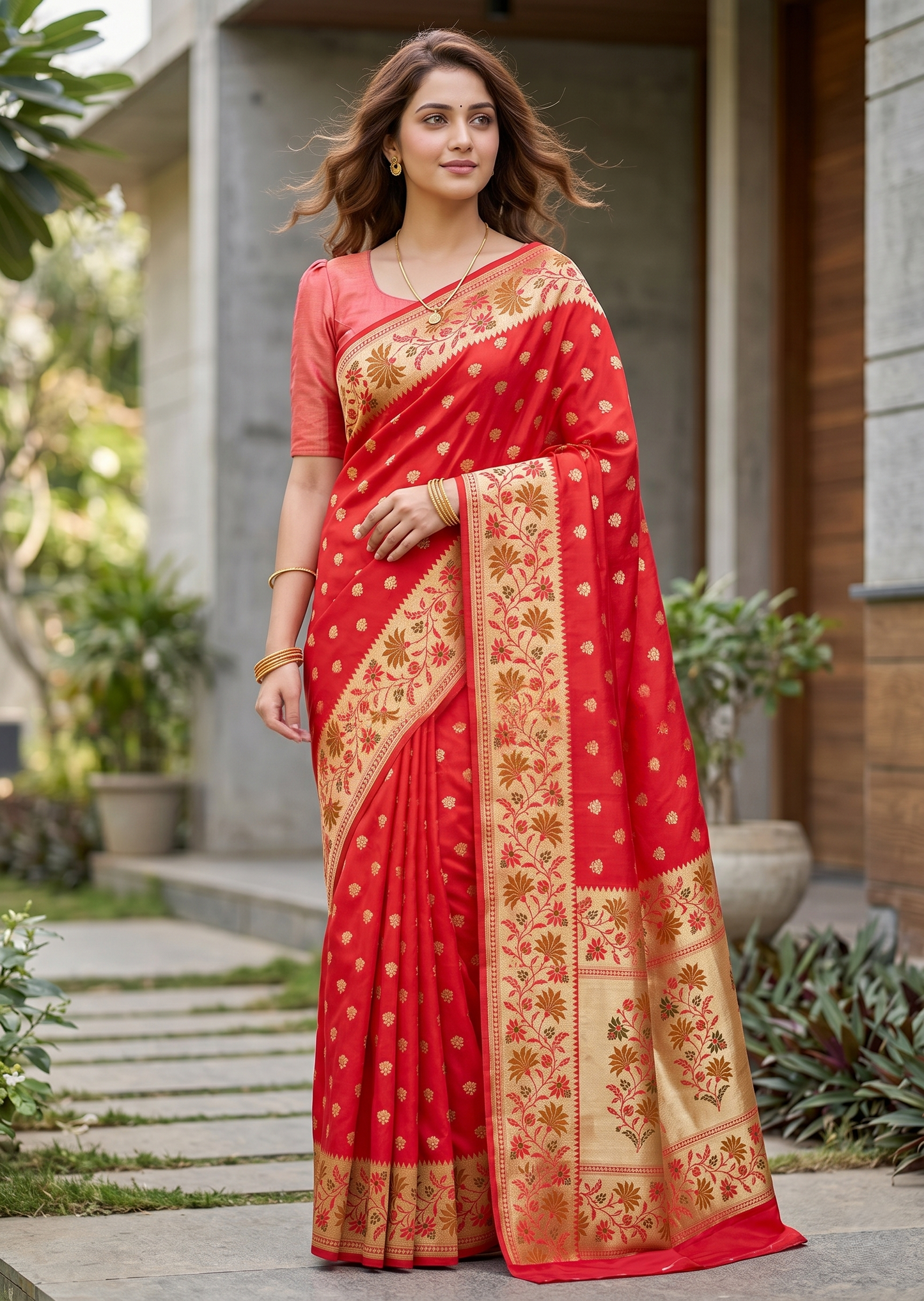 Southloom Pure Banarasi Silk Saree with Woven Work on Body and Borders (Pink And Orange)