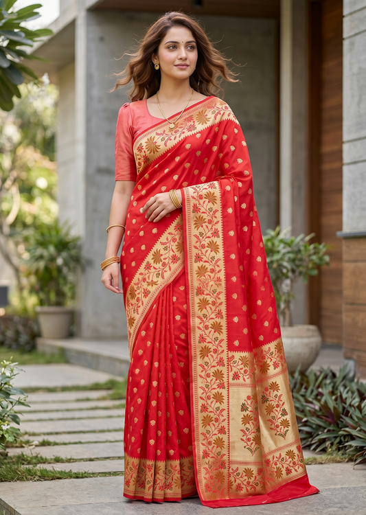 Southloom Pure Banarasi Silk Saree with Woven Work on Body and Borders (Pink And Orange)