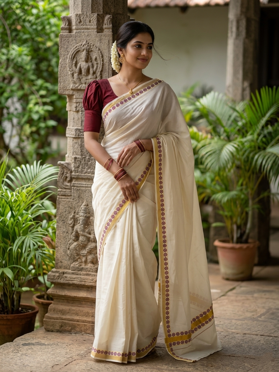Southloom Cotton Kerala Kasavu Saree with Block Printed Design on Borders and Kara in Maroon