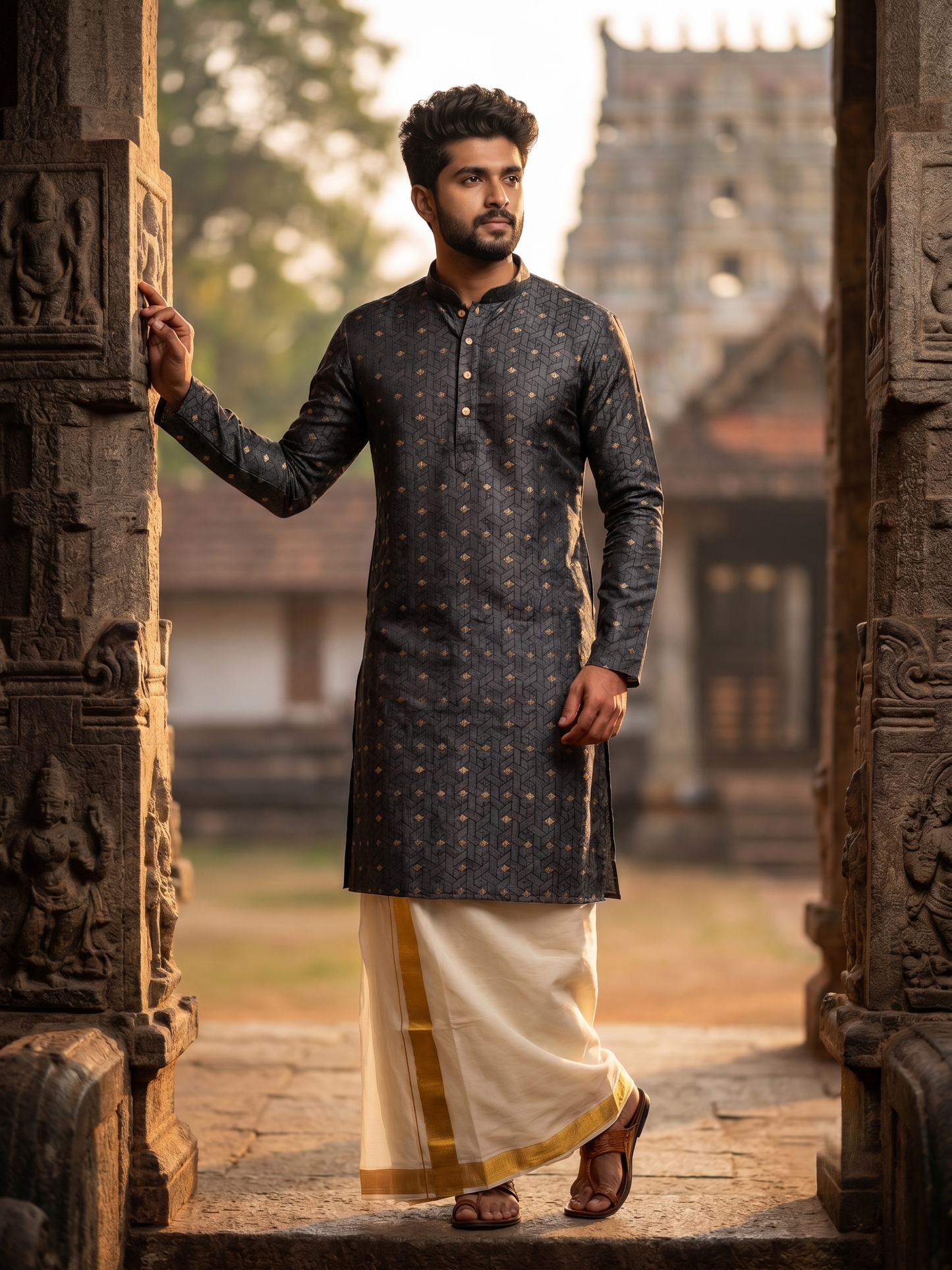Southloom Blue Woven Patterns Semi Silk Long Kurta for Men SL590