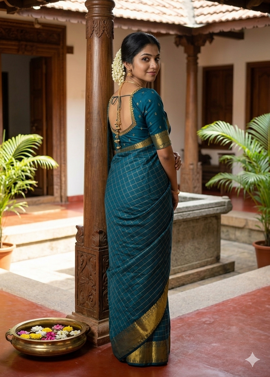 Southloom Semi Silk Saree with Check on Body in Green SL386