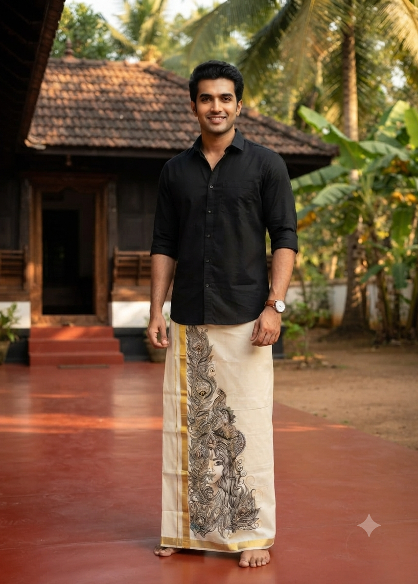 Kerala Cotton Handpainted Dhoti ( Double Mundu )  SL330
