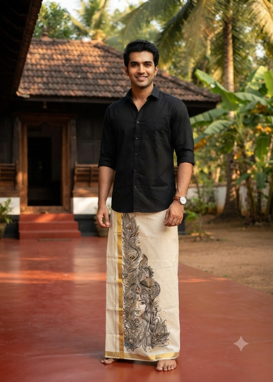Kerala Cotton Handpainted Dhoti ( Double Mundu )  SL330