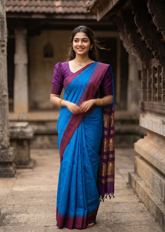 Southloom Kalyani Cotton Saree In Blue And Purple With Woven Work on the Body and Borders
