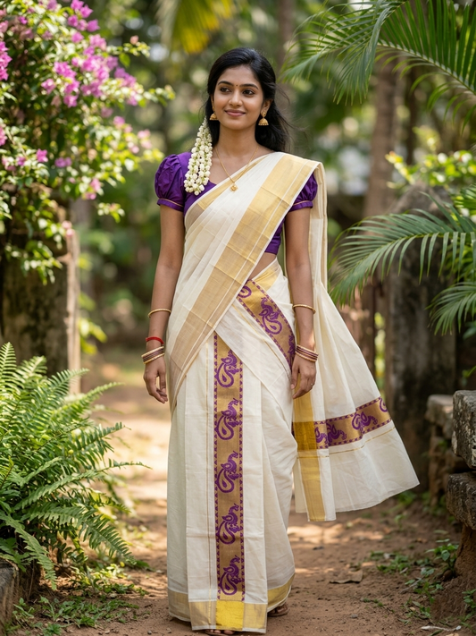 Kerala Pure Cotton Set Mundu (Mundum Neriyathum) with Violet Block Prints on Kasavu Border-2.80Mtrs