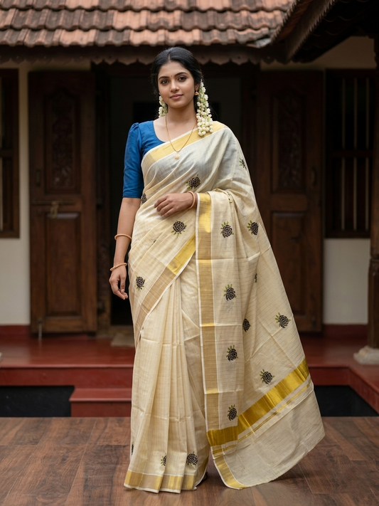 Southloom Kerala Tissue Kasavu Lines Saree with Blue Floral Embroidery Works