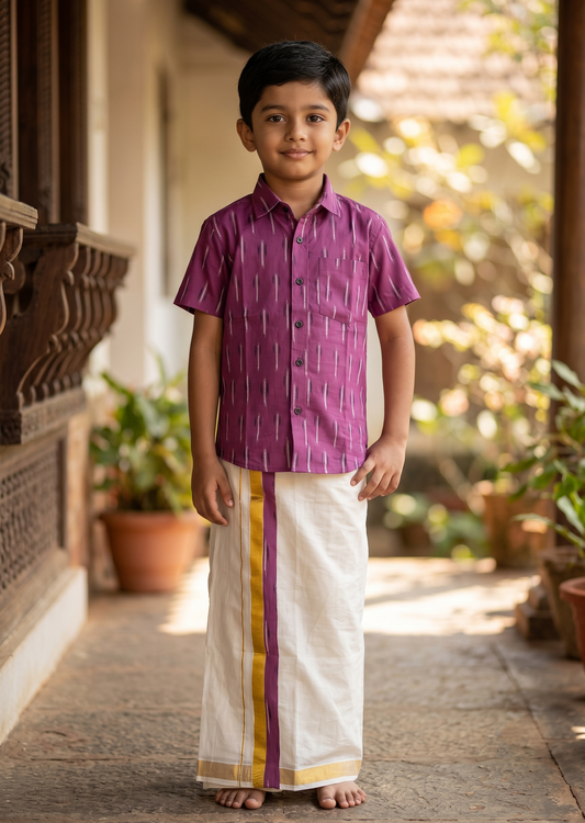 Southloom Cotton Floral Printed Kids's Combo (Shirt + Velcro Mundu) SLKCOMBO