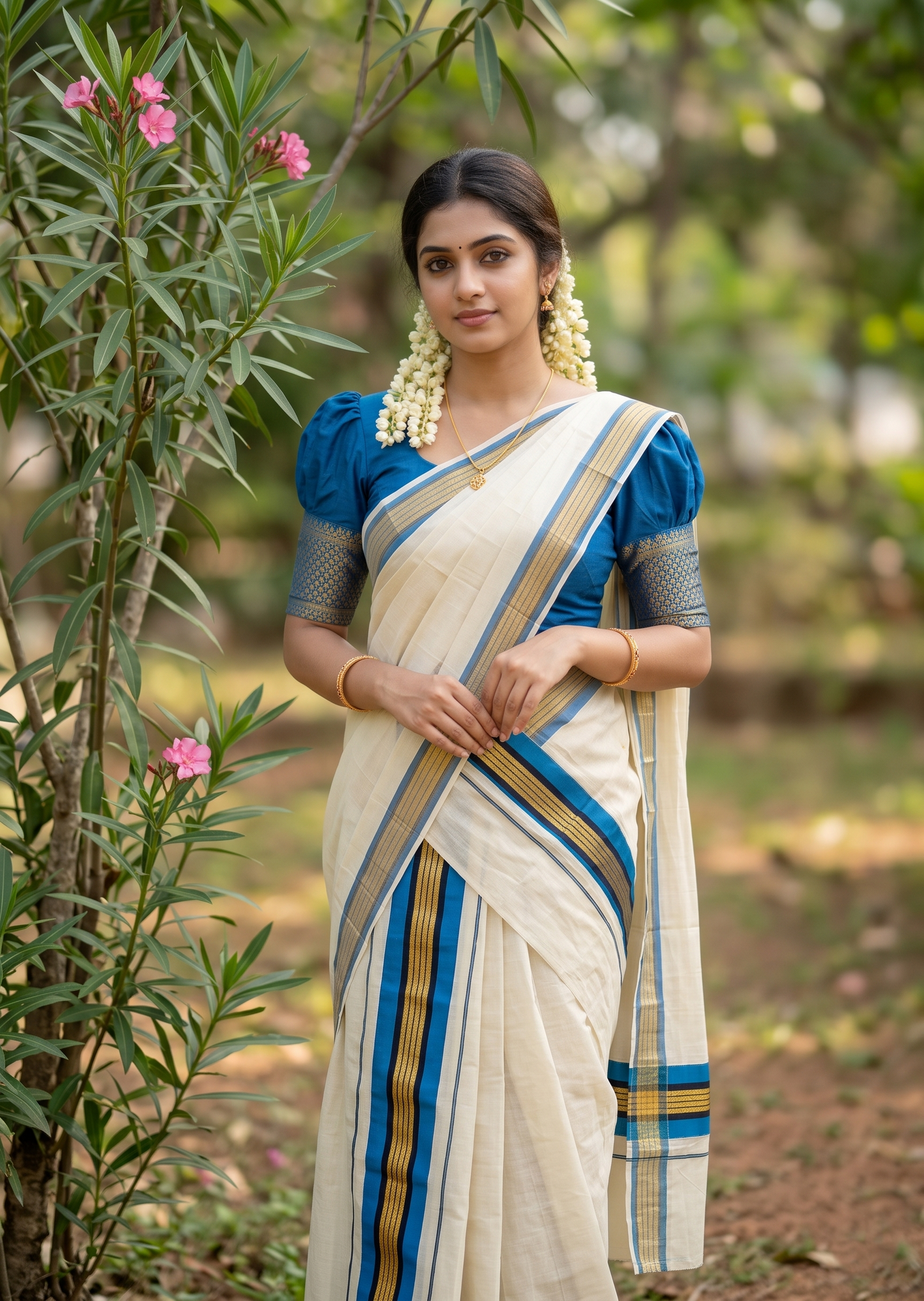Southloom Kerala Cotton Kasavu Set Mundu (Mundum Neriyathum) with Black and Blue Border 2.80 Mtrs SLKK