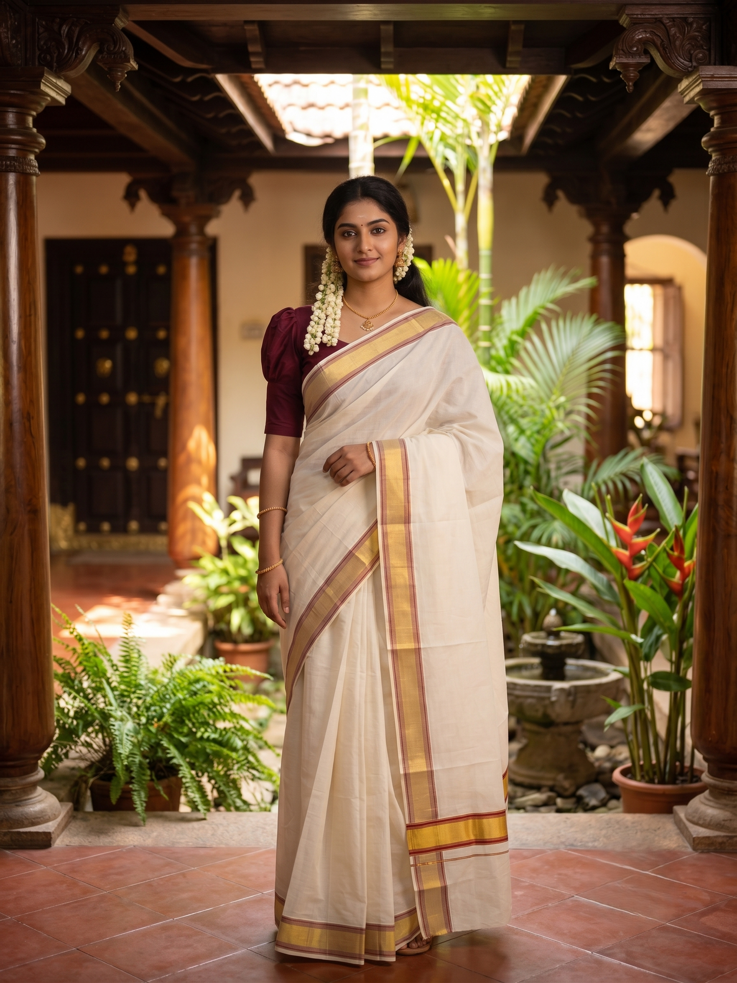 Southloom Kerala Cotton Kasavu Saree with Maroon Border