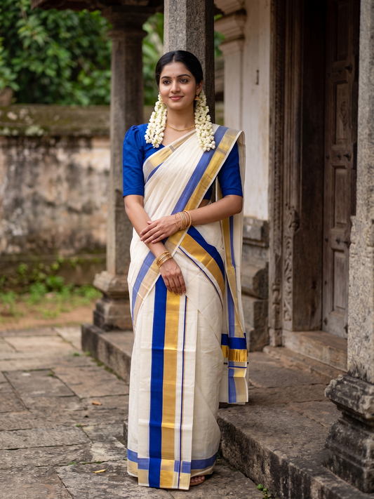 Kerala Cotton Set Mundu (Mundum Neriyathum) with Blue and Kasavu Border 2.80 Mtrs SLKK SL504