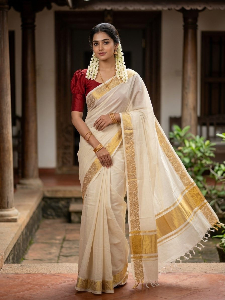 Pure Cotton Kerala Kasavu Saree with Paisley work on Border