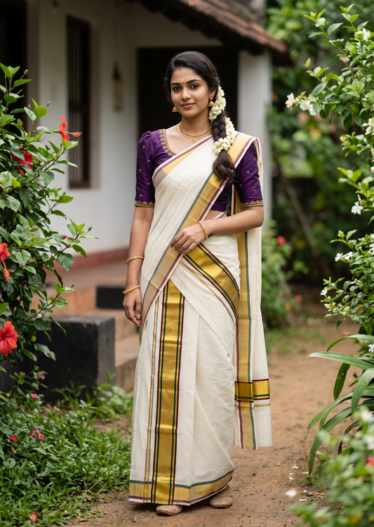 Southloom Premium Handloom Set Mundu with Purple & Olive Green Border and Kasavu Lines Across Body 2.80 Mtrs SL632