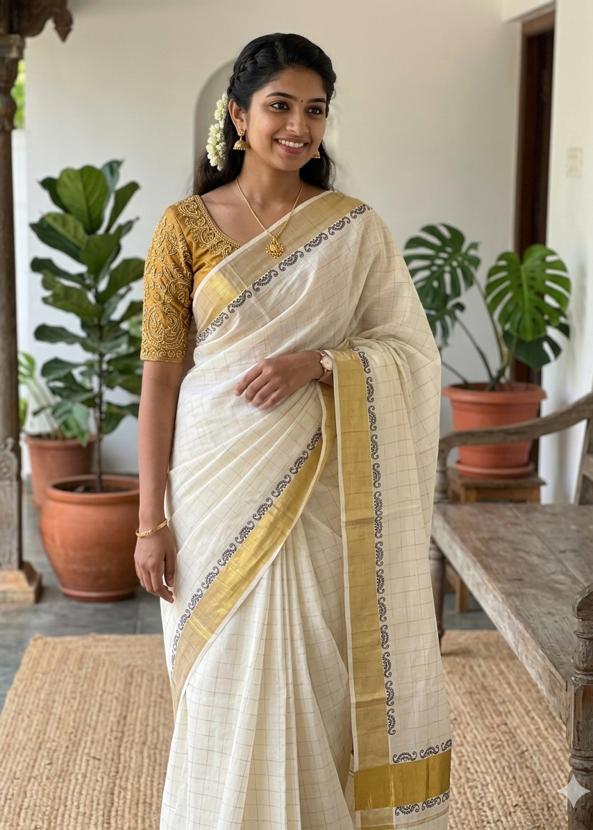 Kerala Cotton Check Saree With Tassels SL179