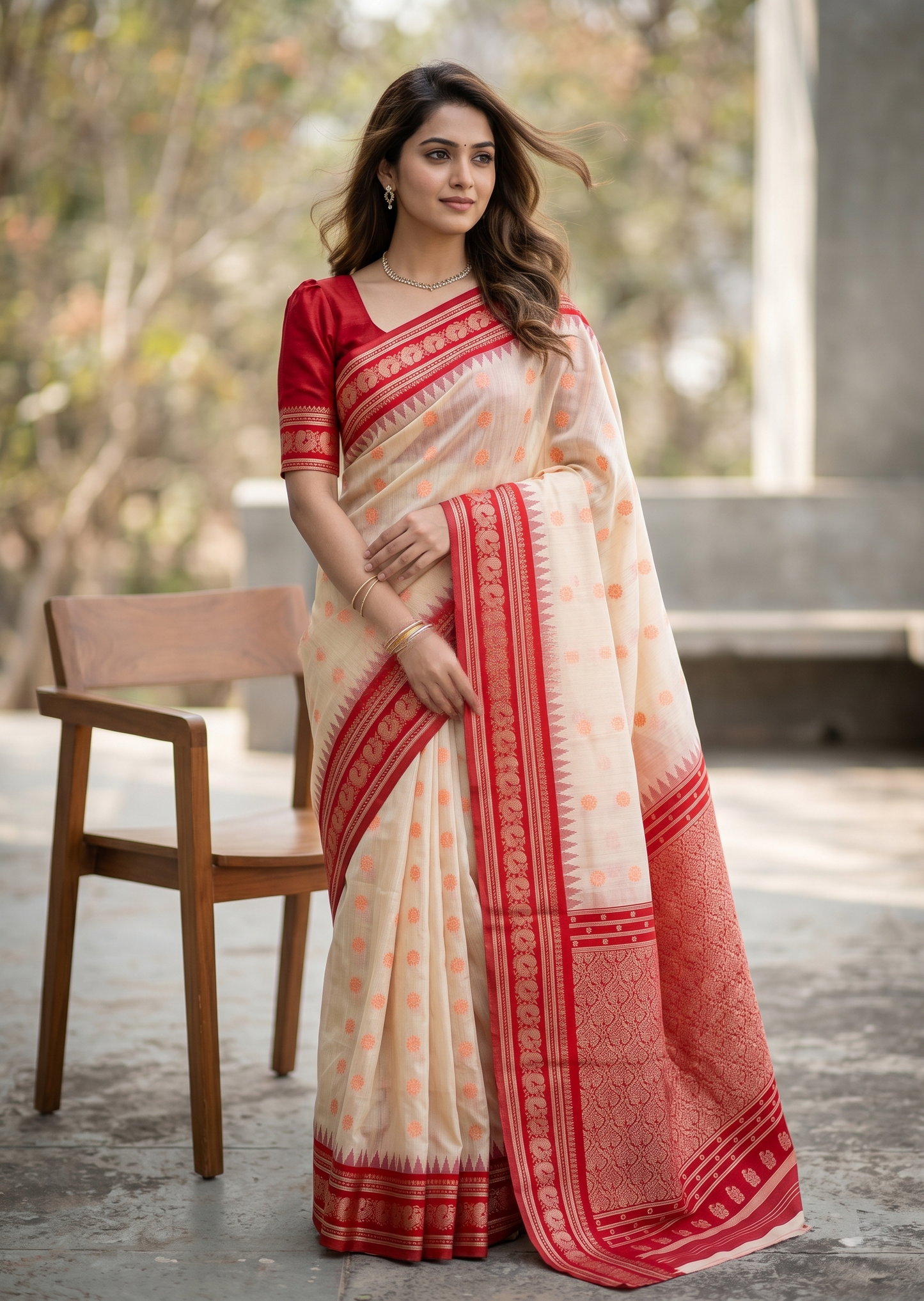 Southloom Kerala Cotton Silk With Woven Work On the Body With Beige And Red