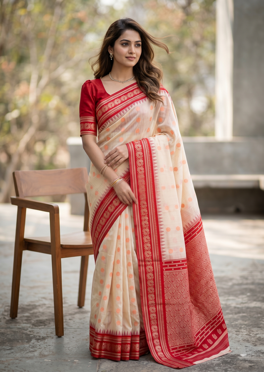 Southloom Kerala Cotton Silk With Woven Work On the Body With Beige And Red