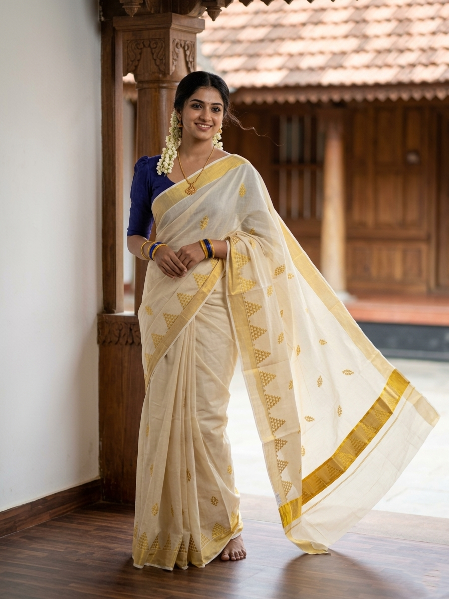 Southloom Tissue Kerala Kasavu Saree with Temple Embroidery Work on Body and Borders