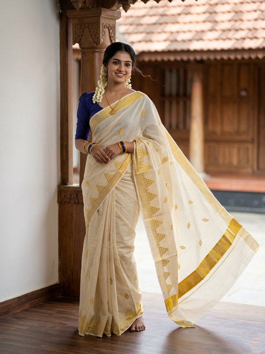 Southloom Tissue Kerala Kasavu Saree with Temple Embroidery Work on Body and Borders