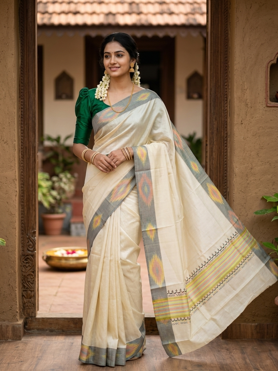 Southloom Kerala Tissue Kasavu Saree with Multi Colour Pochampally Design on Borders and Kara