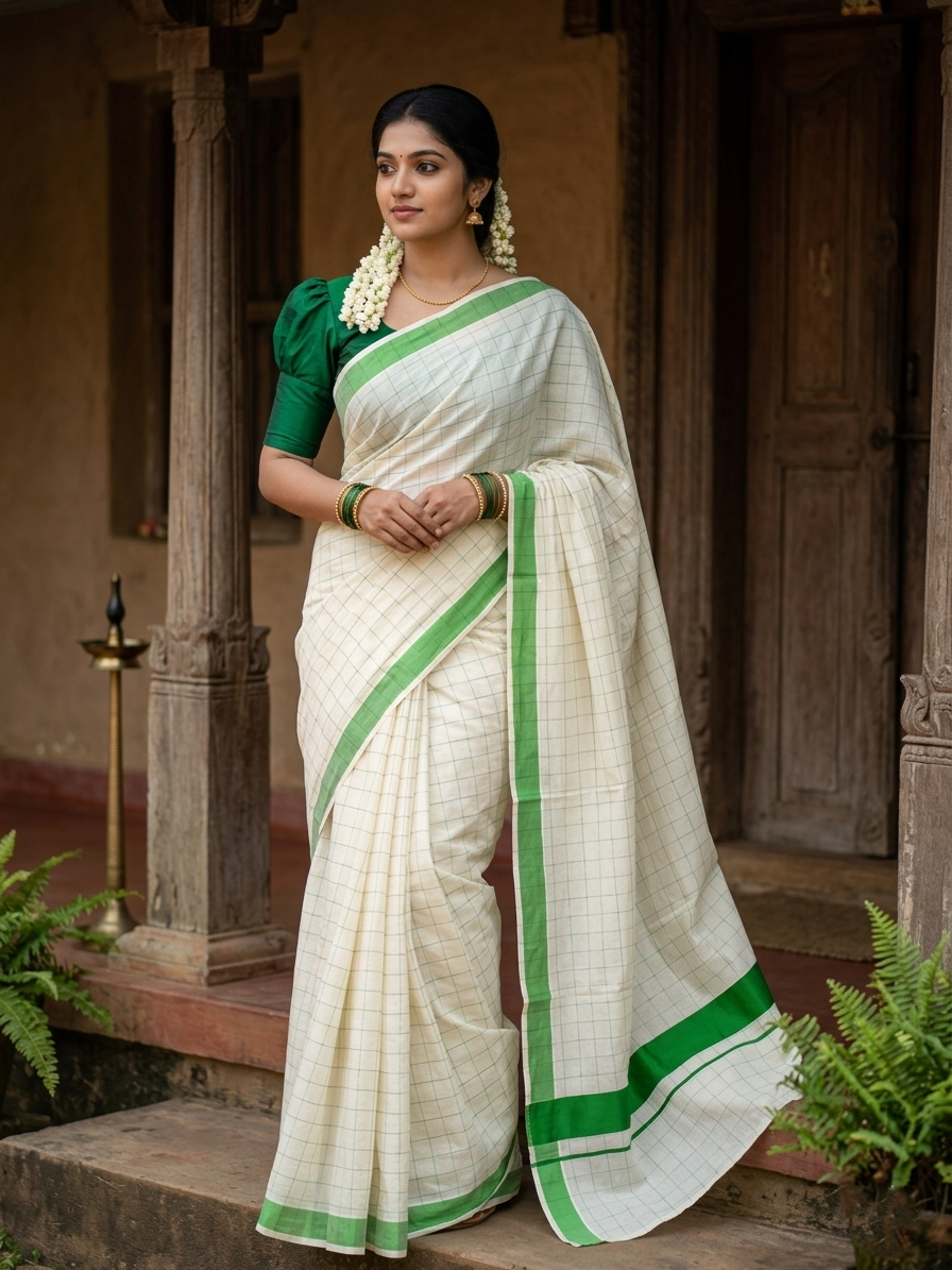 Pure Cotton Kerala Saree with Light Green Check Designs Across Body