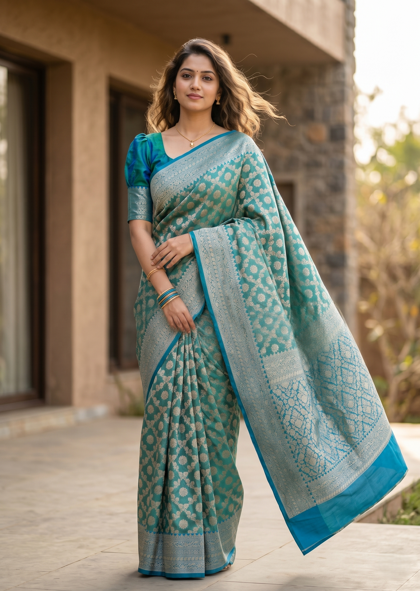 Southloom Pure Banarasi Silk Saree with Woven Work on Body and Borders (Peacock Green And Blue)