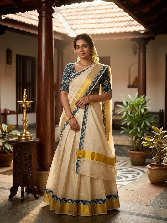 Southloom Semi Stitched Tissue Dhavani Set with Pavada and Ajrakh Blouse Piece