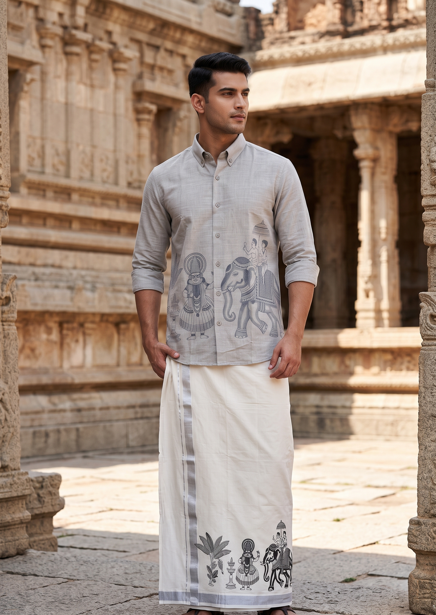 Southloom Linen Cotton Elephant Embroidery Design Men's Combo In Grey (Shirt + Mundu) SLCOMBO SL571
