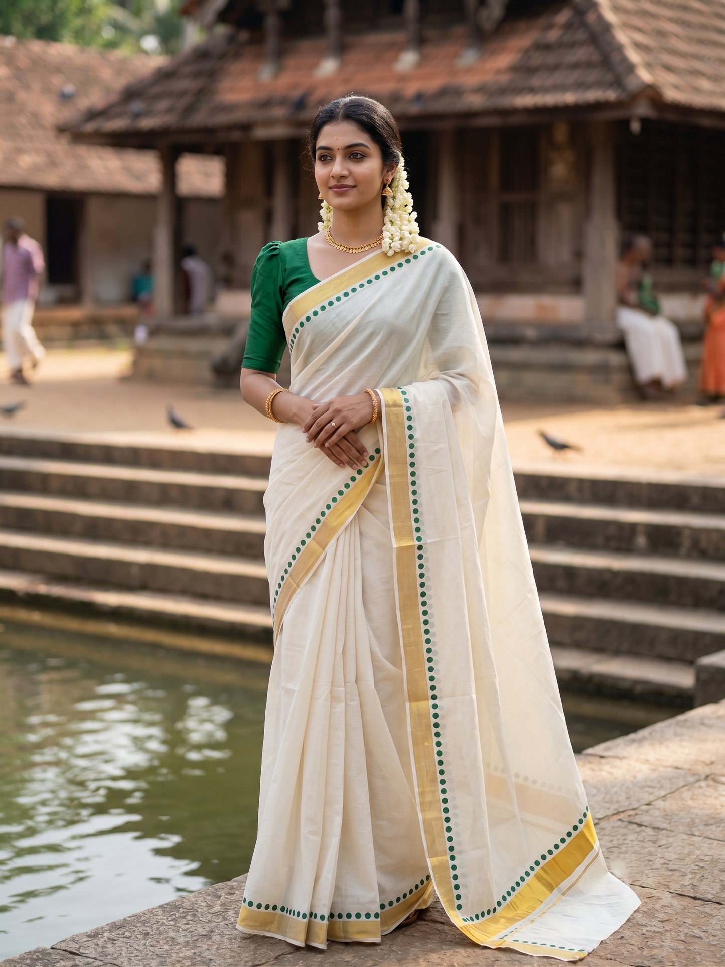 Southloom Cotton Kerala Kasavu Saree with Green Polk Dots Design Border
