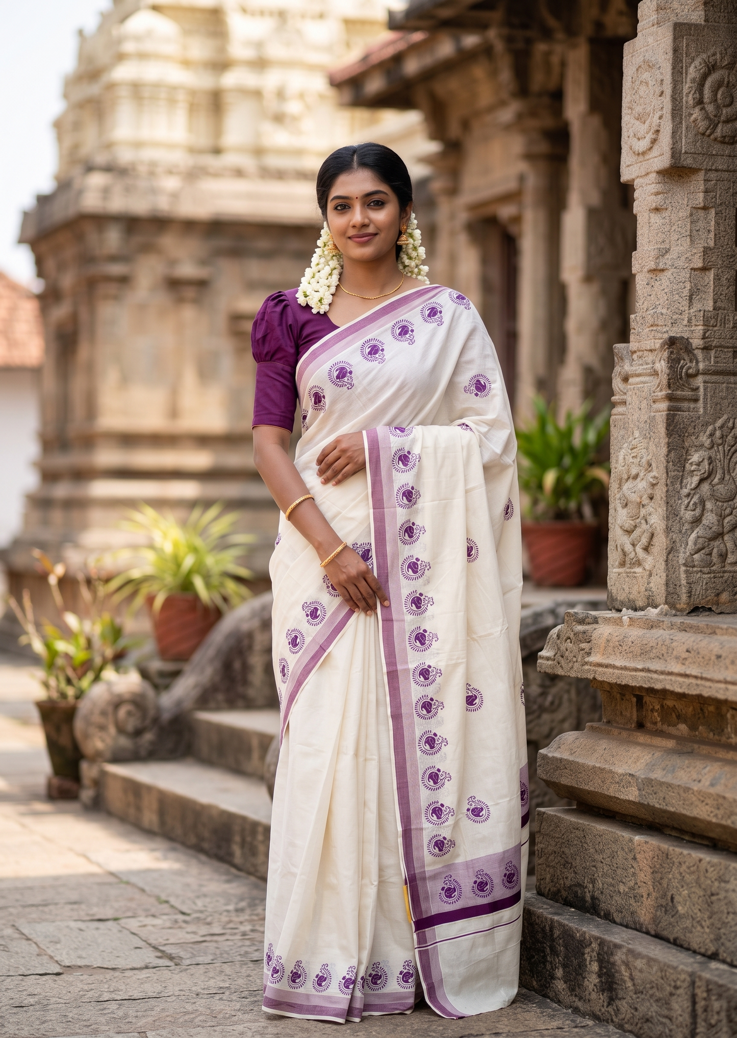 Southloom Cotton Kerala Kasavu Saree with Digital Print on Body with in Purple SL533
