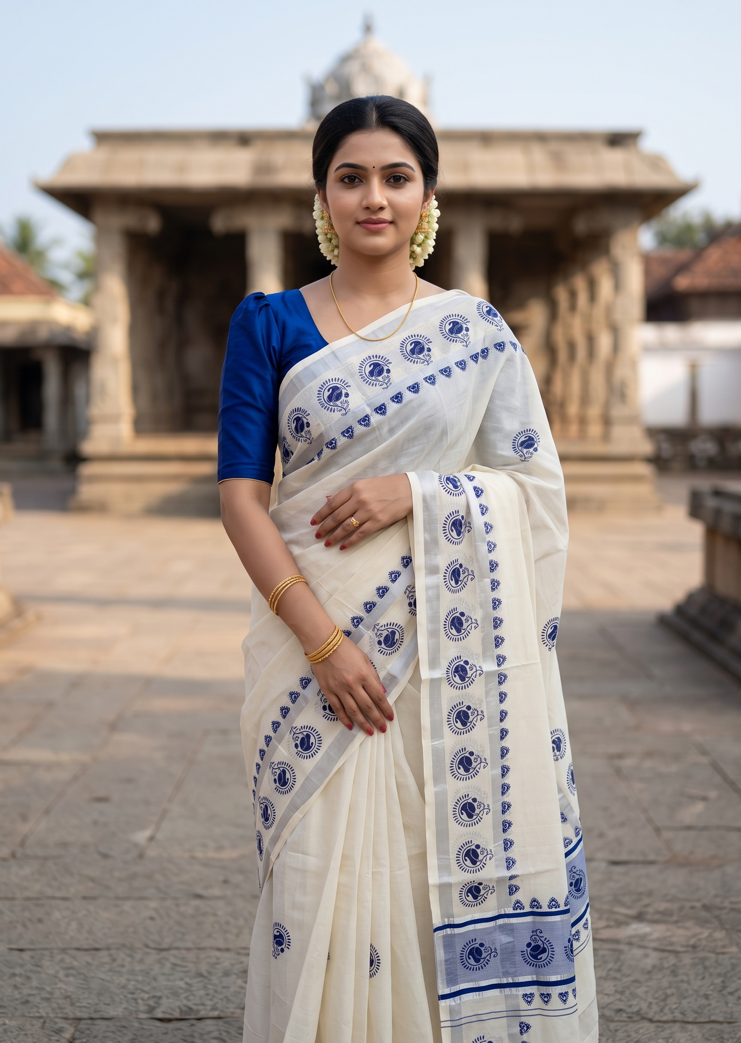 Southloom Cotton Kerala Kasavu Saree with Digital Print on Body in Blue SL519