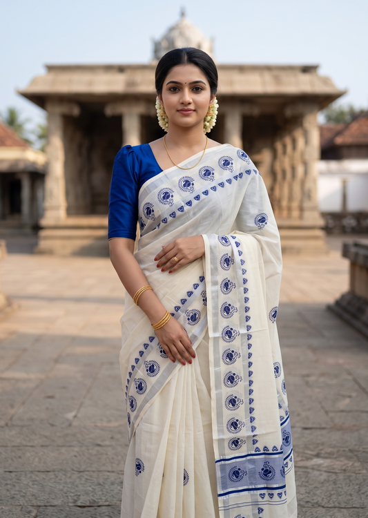Southloom Cotton Kerala Kasavu Saree with Digital Print on Body in Blue SL519