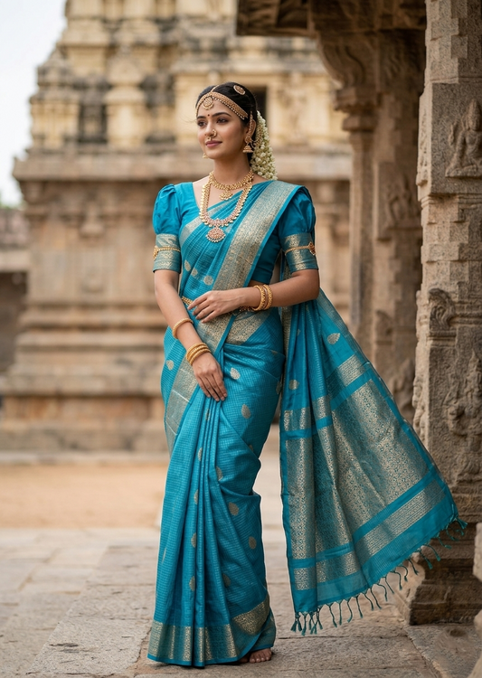 Southloom Pure Handloom Kanchipuram Silk Saree with Korvai Work (Blue)