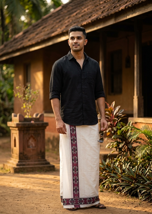 Southloom White Printed Single Mundu / Otta Mundu / Lungi (South Indian Kerala Dhoti)SL598