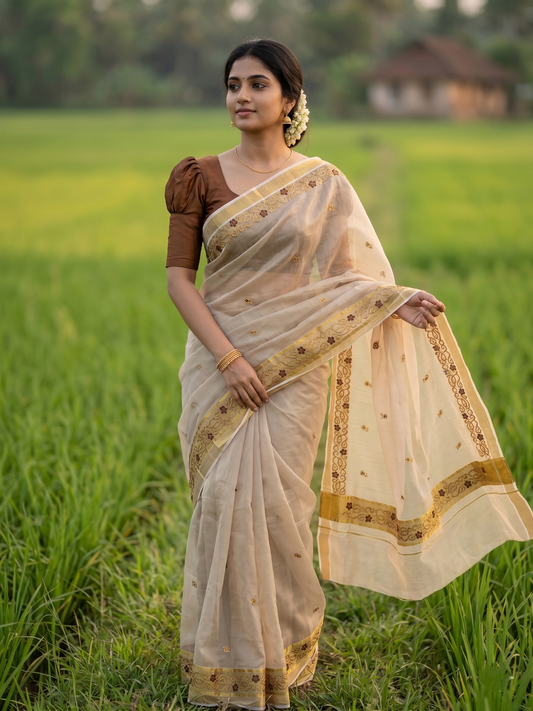 Southloom Kerala Tissue Kasavu Saree with Golden and Brown Embroidery Work on Body