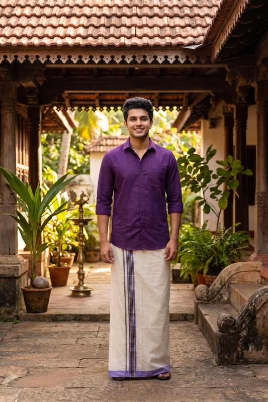 Premium Balaramapuram Handloom Unakkupaavu Cotton Double Mundu with Silver Kasavu and Violet Border