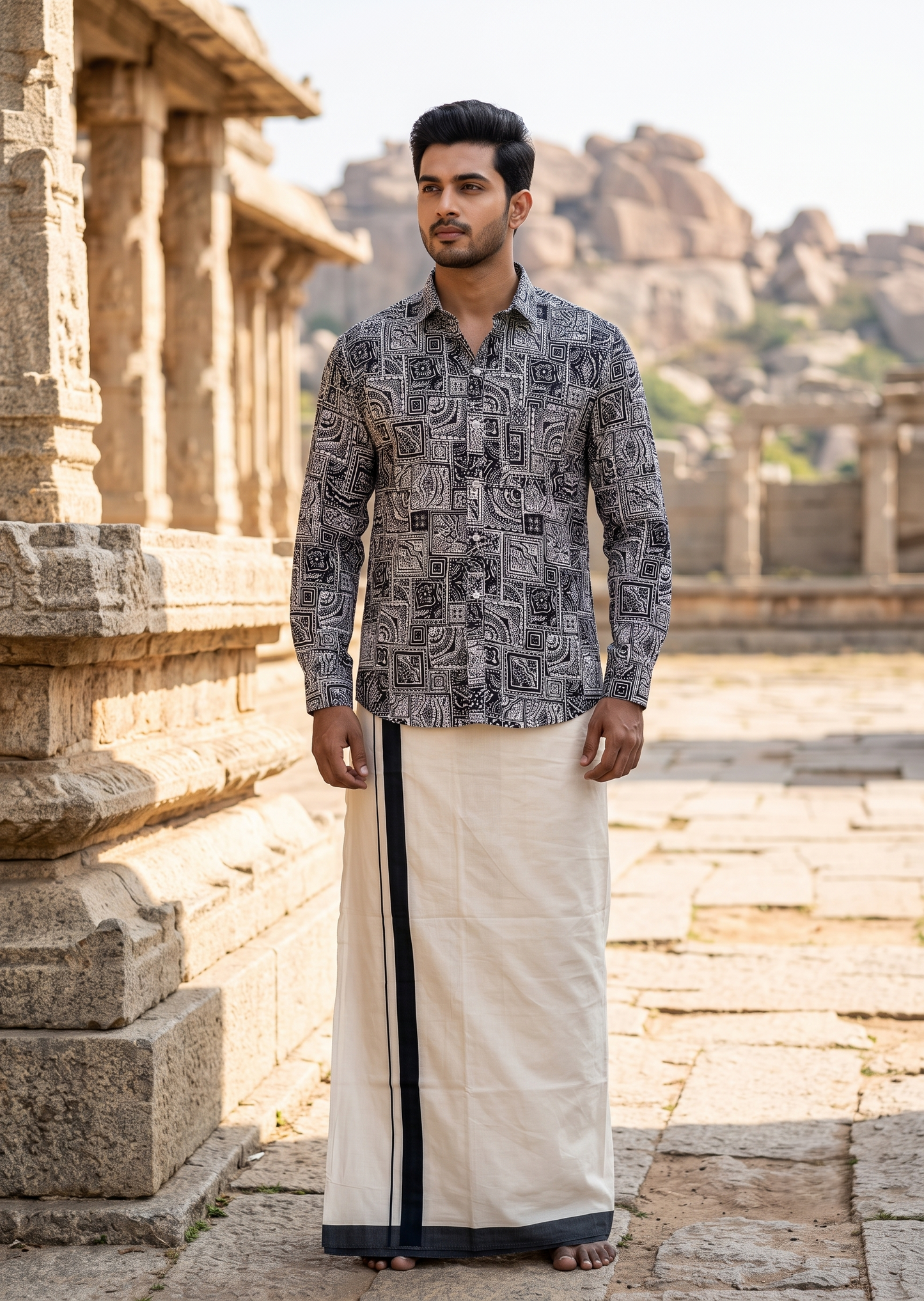 Southloom Cotton Jaipur Printed Men's Combo Full Sleeve (Shirt + Mundu) SLCOMBO SL564