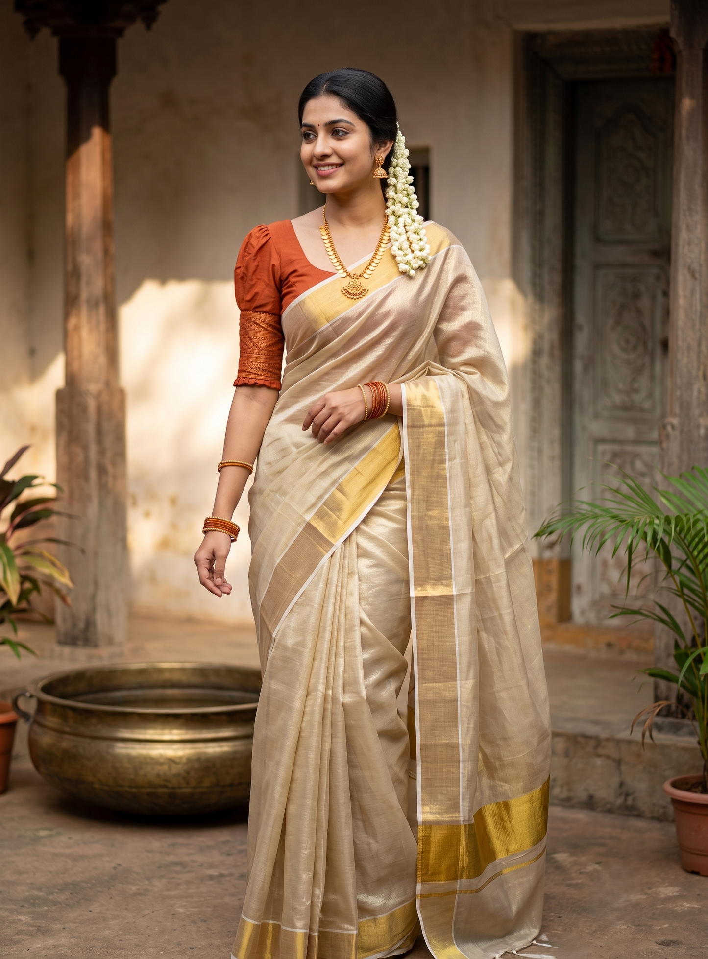 Southloom Tissue  Kerala Kasavu Saree with Gold Kasavu Border in 5 inch  SL558