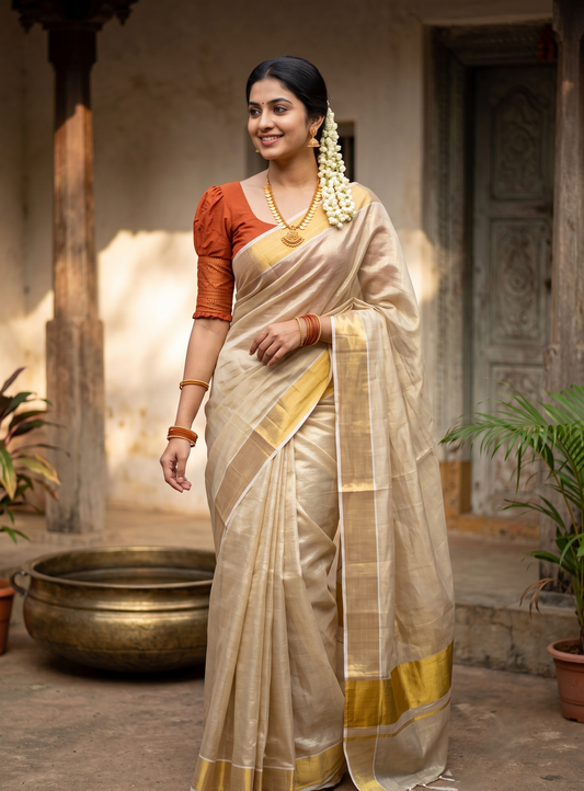 Southloom Tissue  Kerala Kasavu Saree with Gold Kasavu Border in 5 inch  SL558