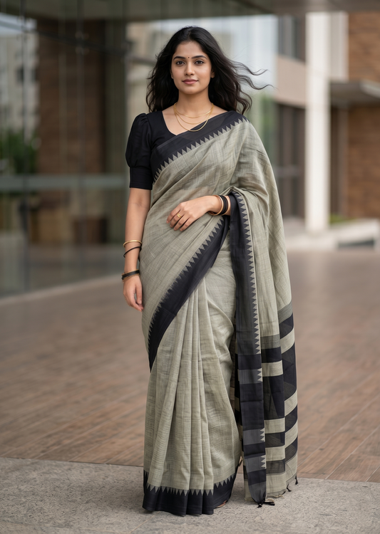Southloom Kerala Linen Cotton Saree With Temple Design on the Border of the Saree