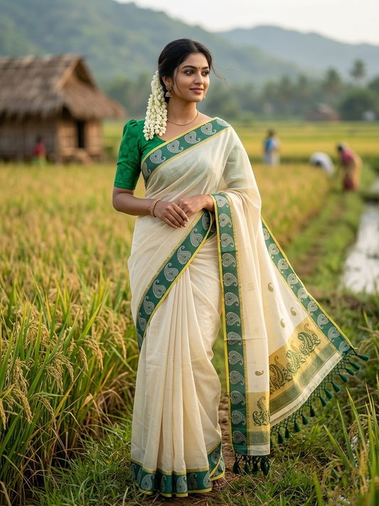 Southloom Kerala Tissue Kasavu Plain Saree with Green Floral Embroidery Works and Tassels