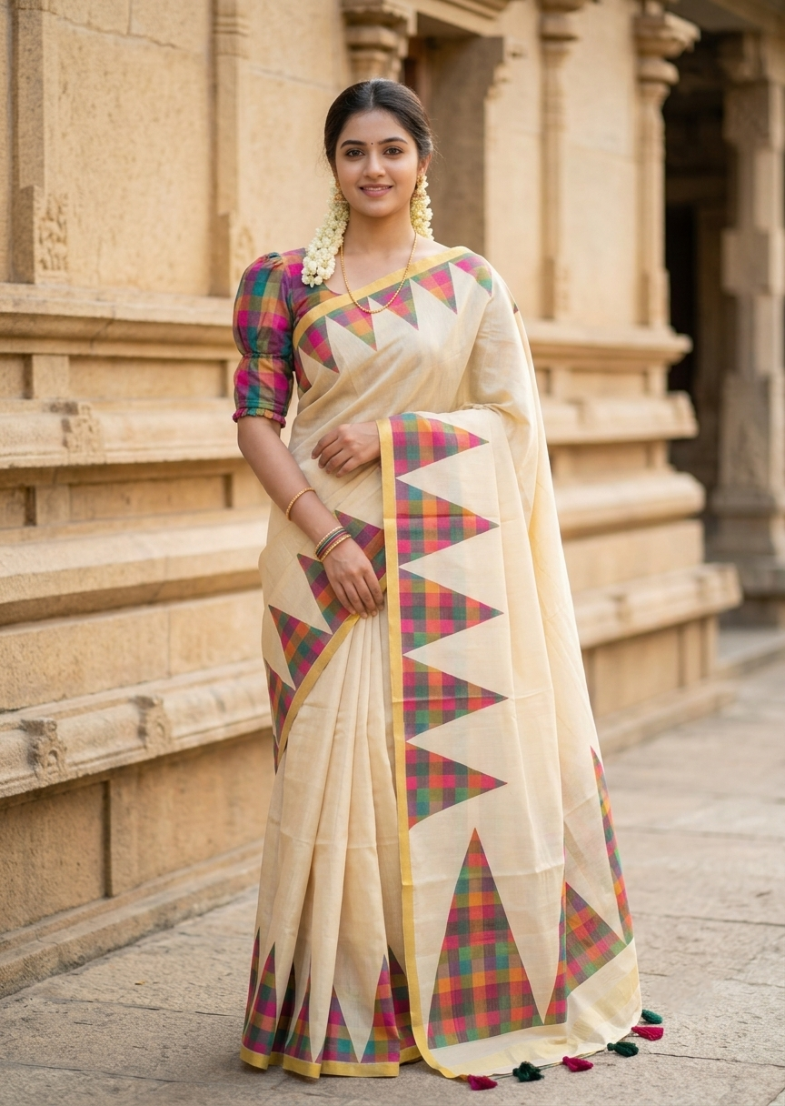 Southloom Kerala Tissue Madras Check Design And Temple Border on the Body WIth Tussles SL551