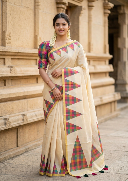 Southloom Kerala Tissue Madras Check Design And Temple Border on the Body WIth Tussles SL551